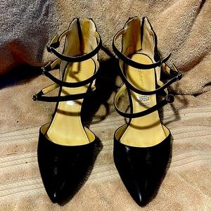 Liz Claiborne Women's Black, 3.5” heels,size 7, 3 strap embellishments zip back.